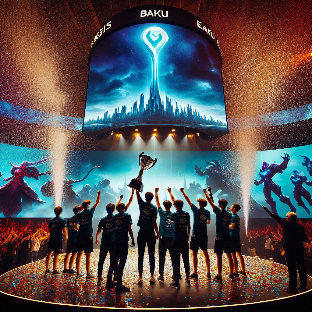 Dota 2 Baku Open 2025 qalibləri səhnədə kuboku qaldırır, konfetti yağır